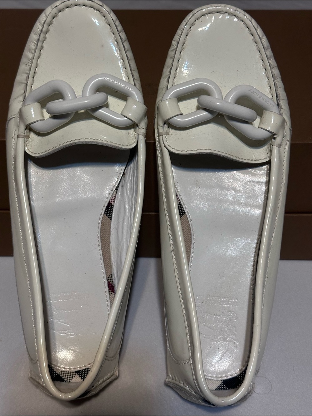 Burberry Cream Patent Chain-Link Loafers